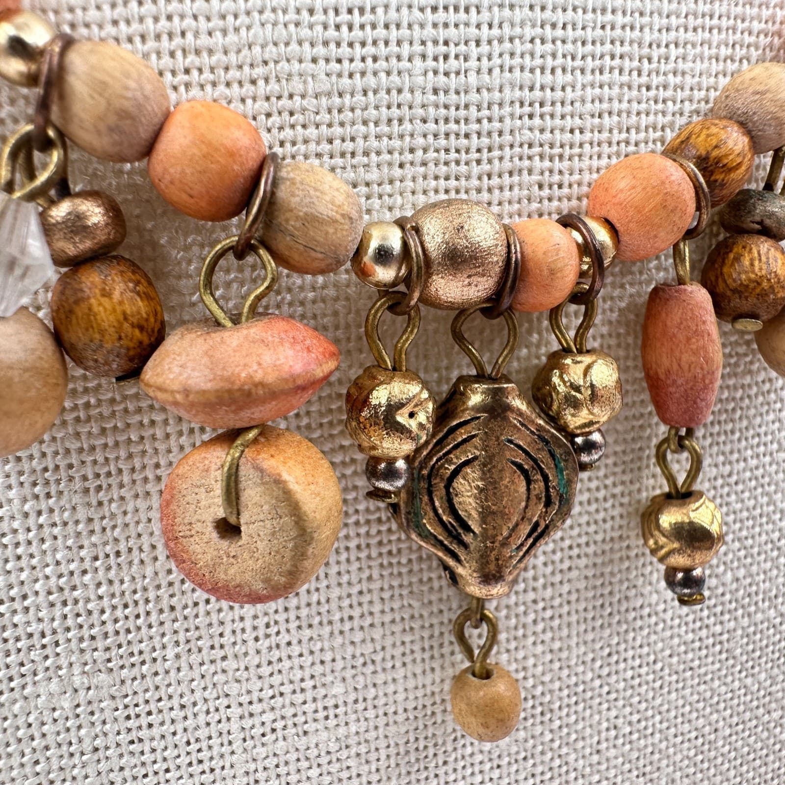 Vintage 70s Boho Colors Wood Shell Bead Dangle Choker Necklace Statement Jewelry - Thumbnail 7