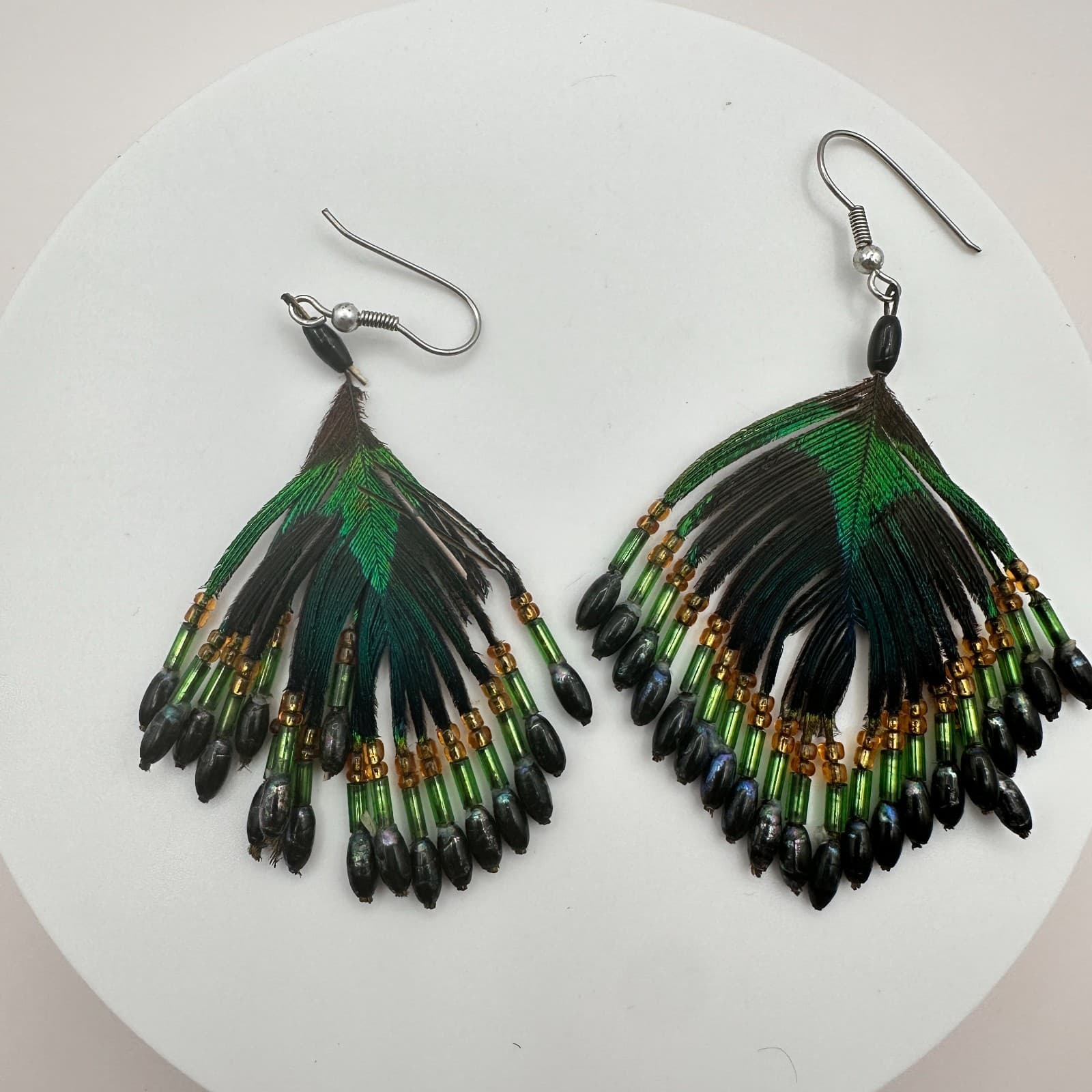 Vintage 80s Boho Peacock Feather Green Black Beaded Dangle Hook Earrings Jewelry - Thumbnail 2
