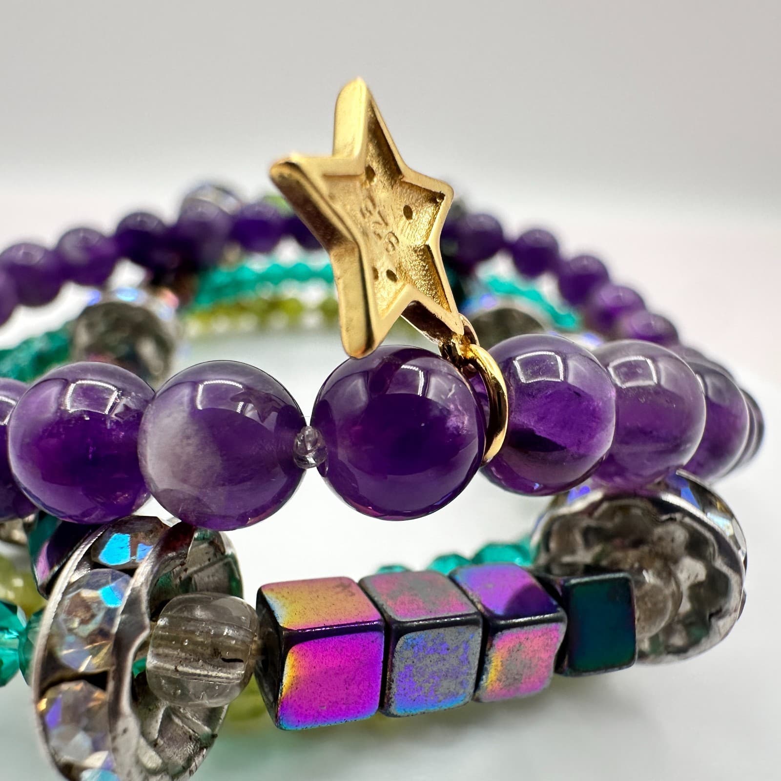 Vintage 80s Amethyst Crystal Stackable Bracelets Set Purple Green Accent Jewelry - Thumbnail 4