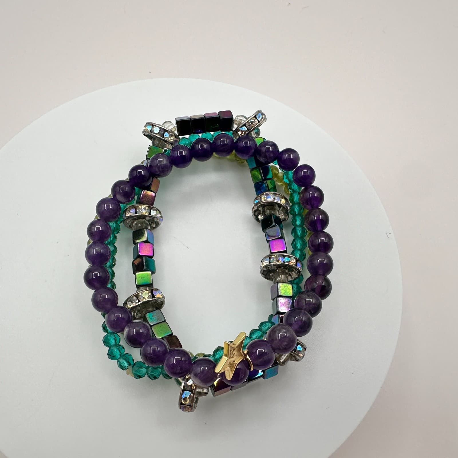 Vintage 80s Amethyst Crystal Stackable Bracelets Set Purple Green Accent Jewelry - Thumbnail 5