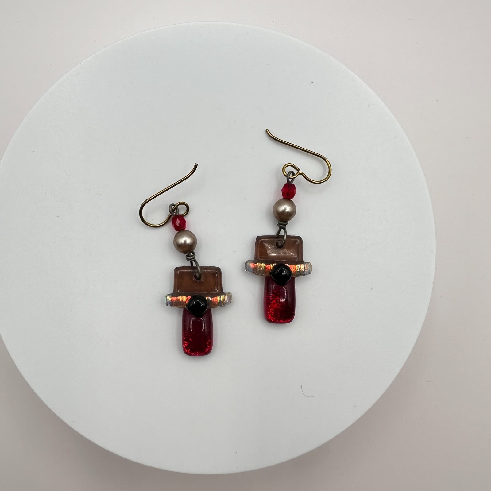 Vintage 90s Fused Dichroic Glass Geometric Drop Dangle Earrings Artisan Jewelry - Thumbnail 2