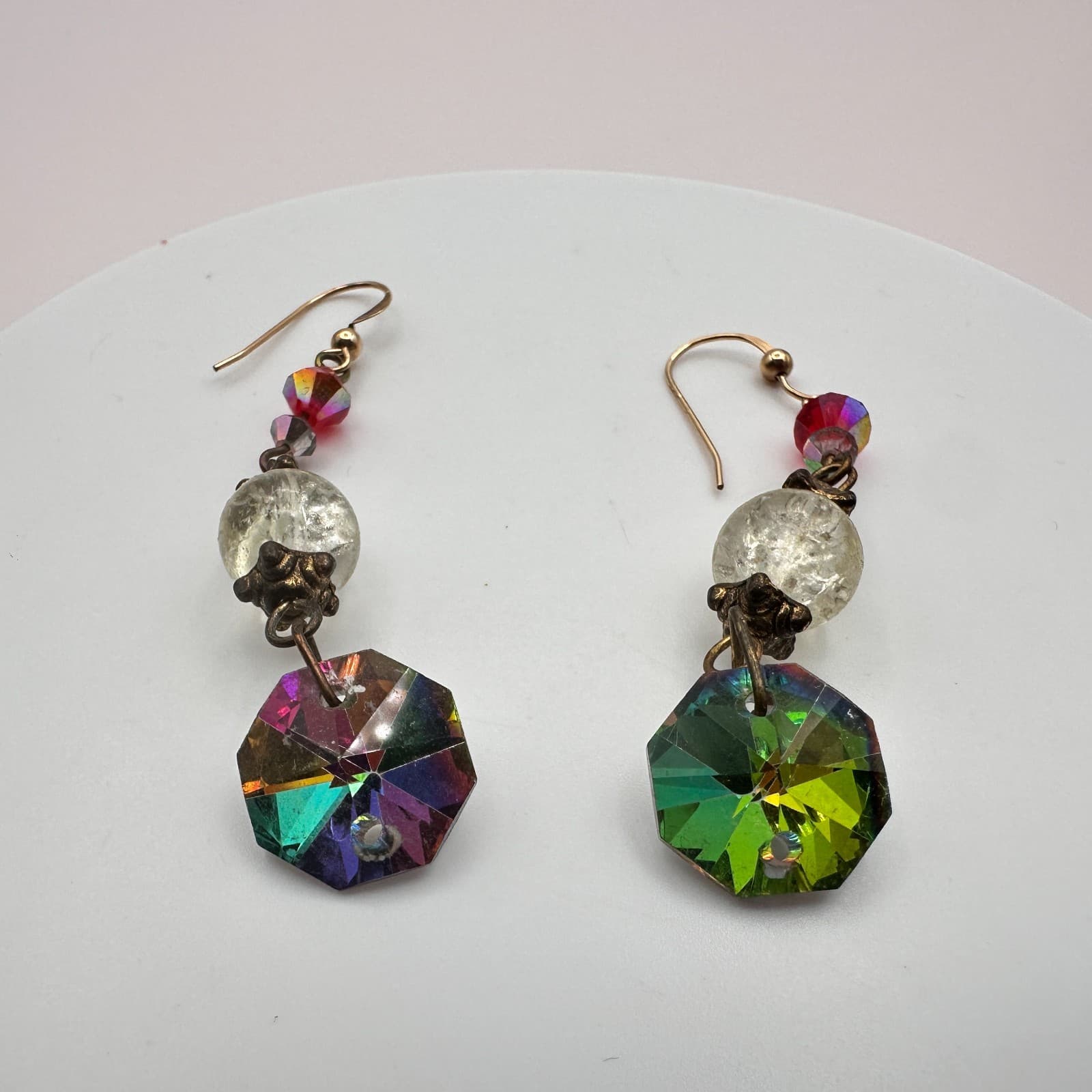 Vintage 80s Crystal AB Aurora Borealis Gold Tone Dangle Drop Earrings Jewelry - Thumbnail 6