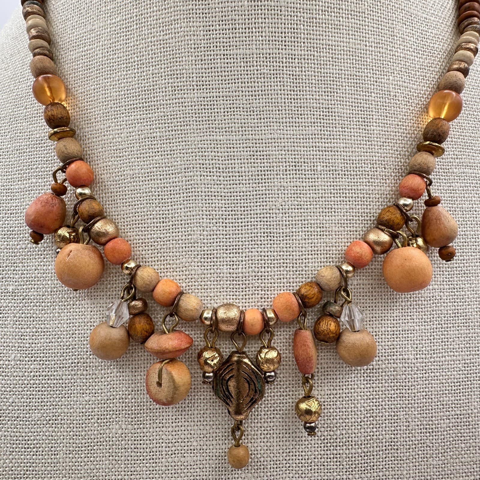 Vintage 70s Boho Colors Wood Shell Bead Dangle Choker Necklace Statement Jewelry - Thumbnail 4