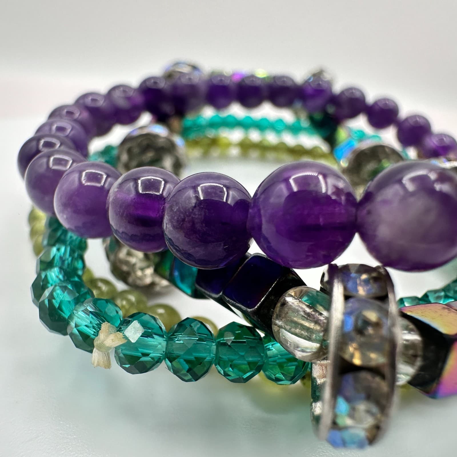 Vintage 80s Amethyst Crystal Stackable Bracelets Set Purple Green Accent Jewelry - Thumbnail 3