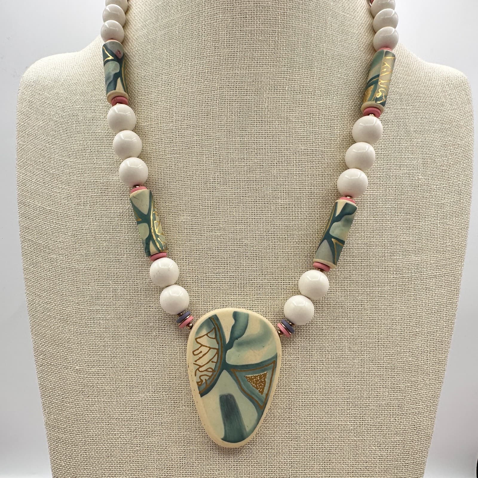 Vintage 90s Ceramic Pendant Necklace Hand Painted Pastel Abstract Art Jewelry - Thumbnail 2