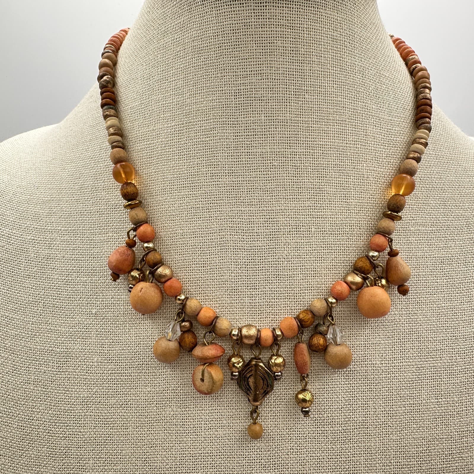 Vintage 70s Boho Colors Wood Shell Bead Dangle Choker Necklace Statement Jewelry - Thumbnail 2