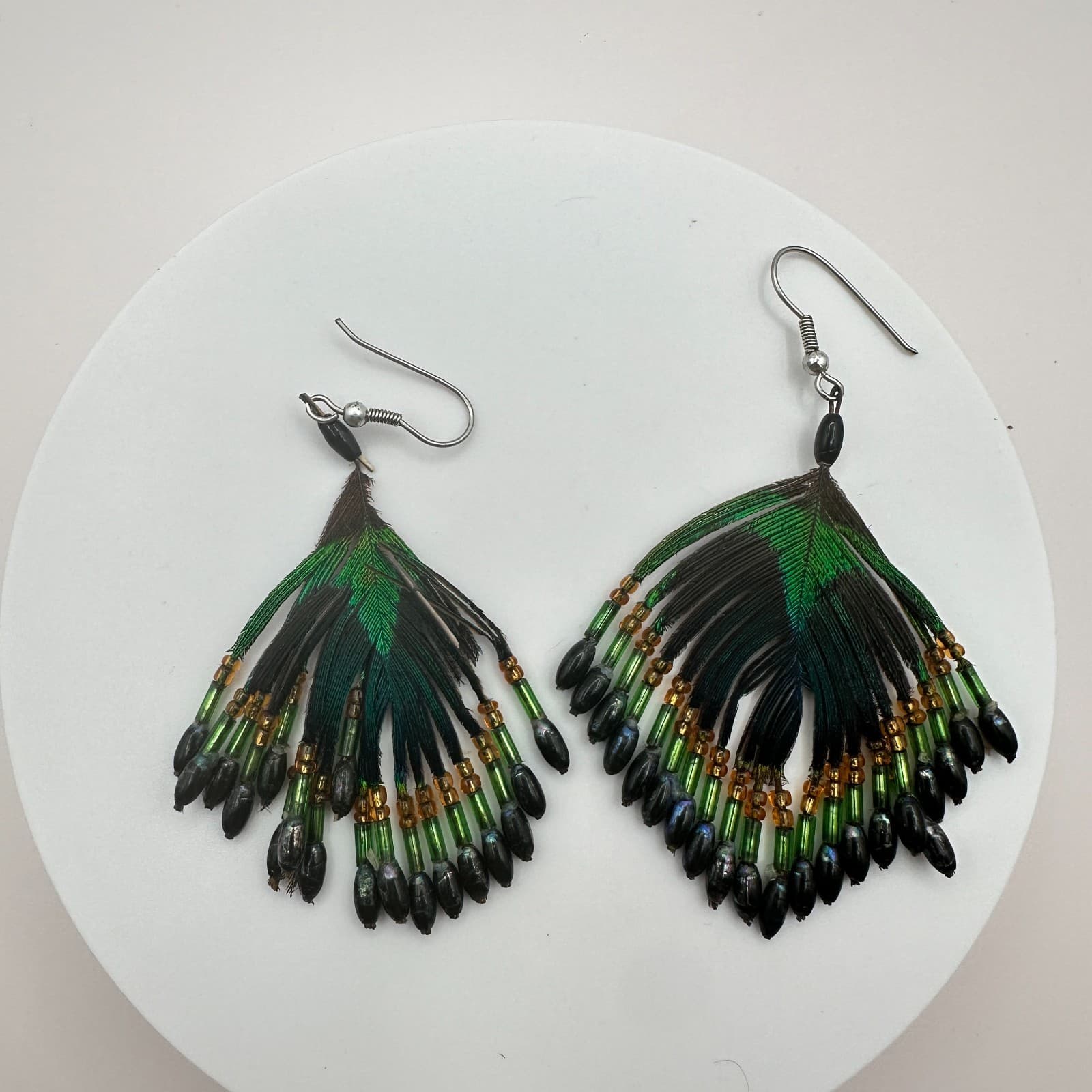 Vintage 80s Boho Peacock Feather Green Black Beaded Dangle Hook Earrings Jewelry - Image 1