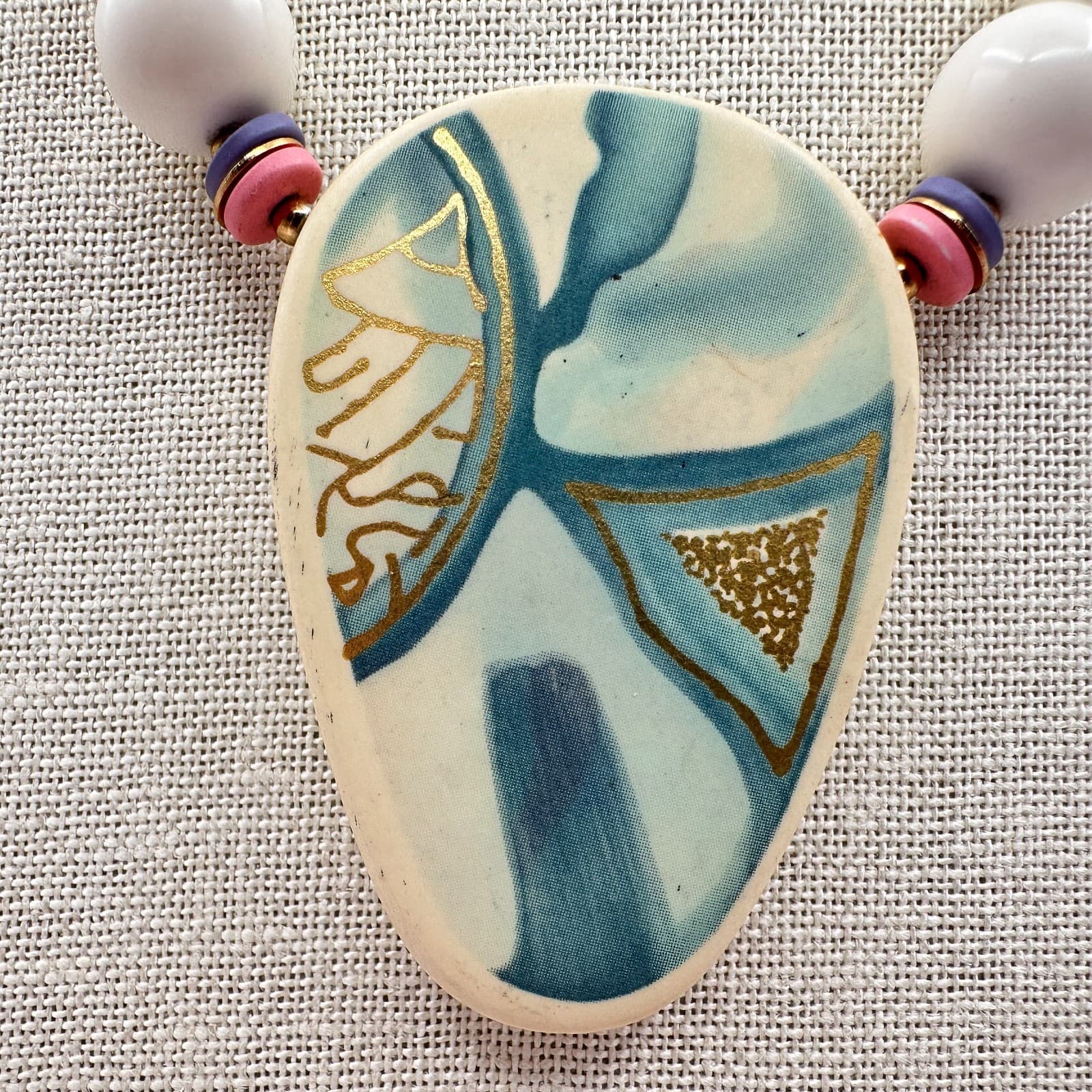Vintage 90s Ceramic Pendant Necklace Hand Painted Pastel Abstract Art Jewelry - Thumbnail 4