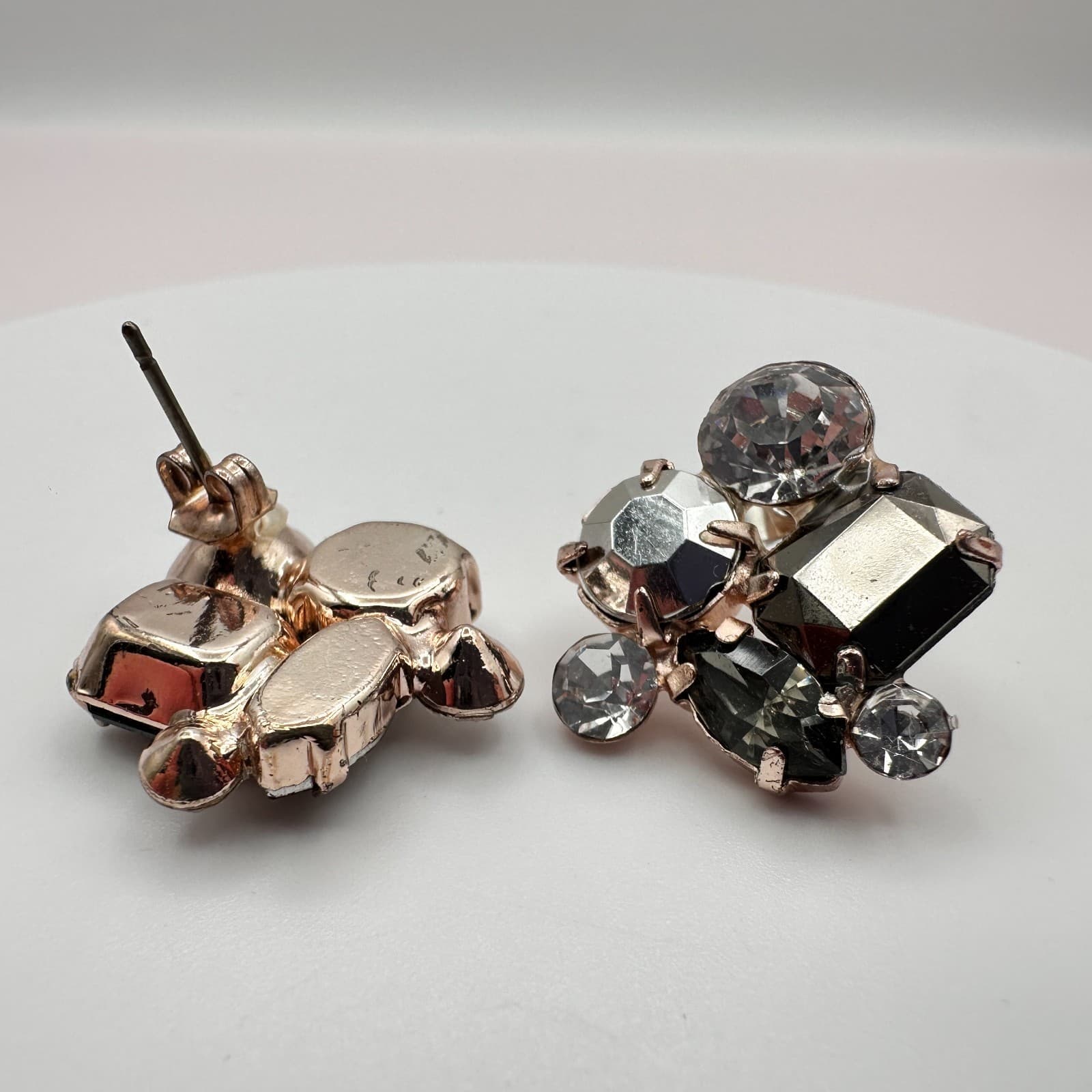 Vintage 80s Smoky Crystal Cluster Stud Earring Rose Gold Tone Statement Jewelry - Thumbnail 5