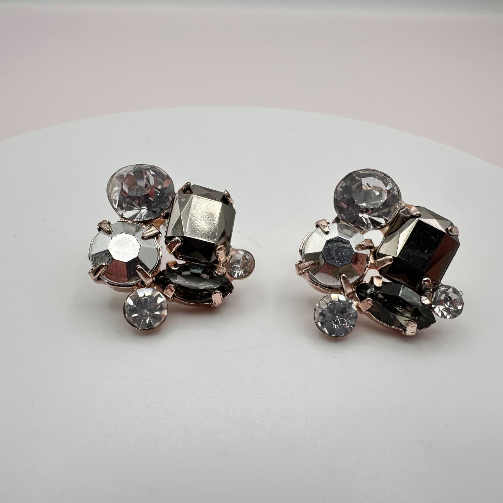 Vintage 80s Smoky Crystal Cluster Stud Earring Rose Gold Tone Statement Jewelry - Image 1
