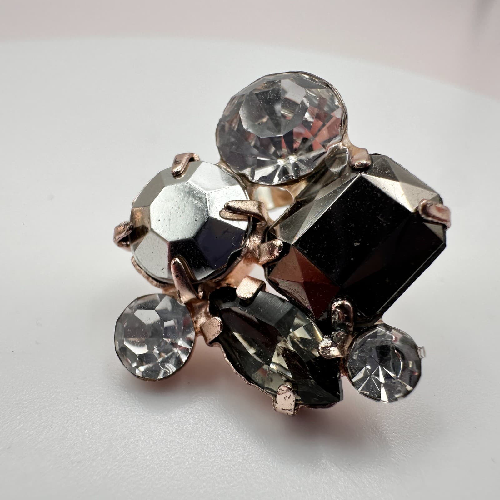 Vintage 80s Smoky Crystal Cluster Stud Earring Rose Gold Tone Statement Jewelry - Thumbnail 7