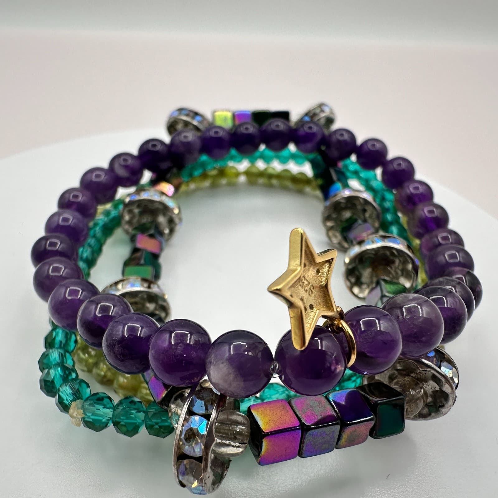 Vintage 80s Amethyst Crystal Stackable Bracelets Set Purple Green Accent Jewelry - Image 1