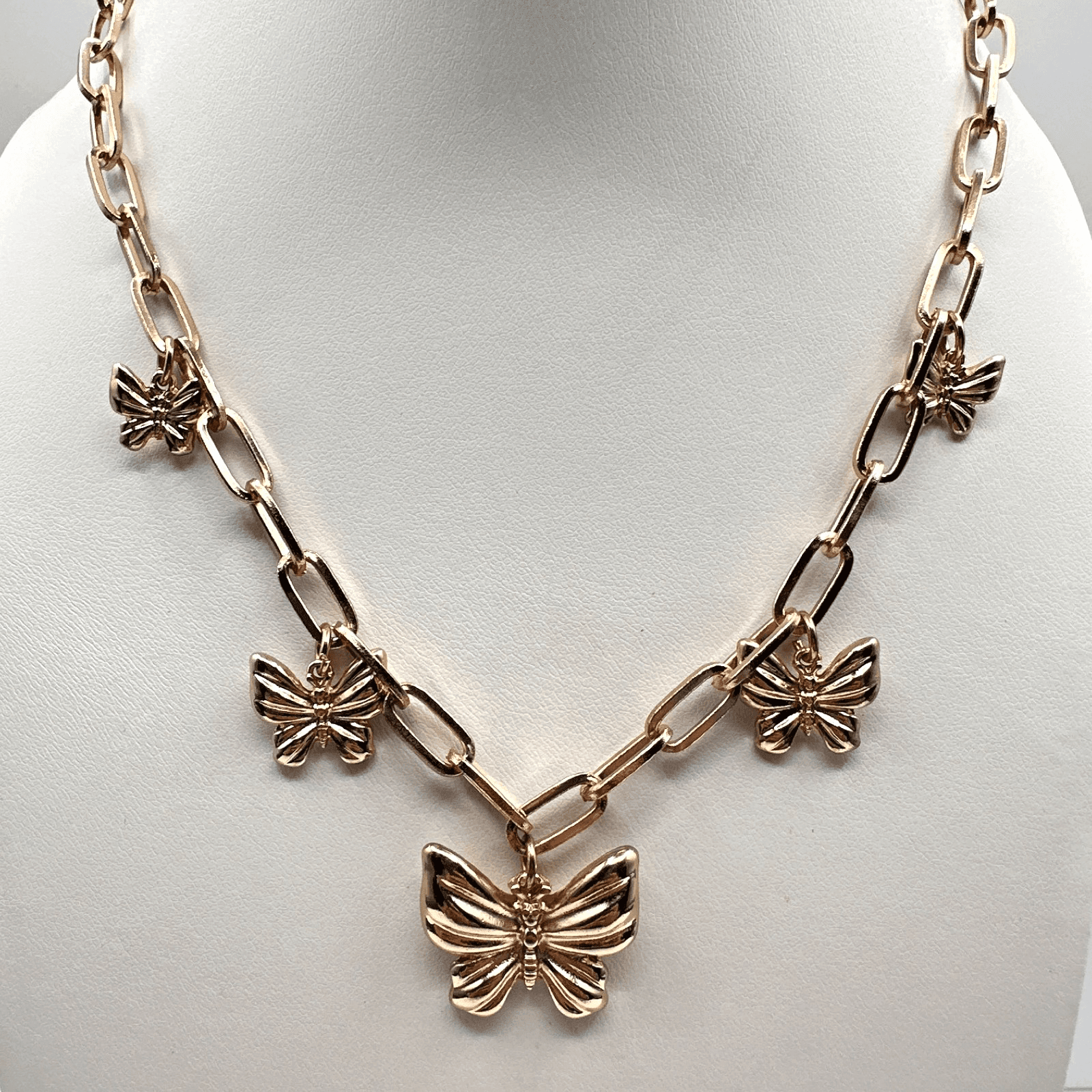 Vintage 90s Gold Tone Butterfly Charm Paperclip Chain Necklace Fashion Jewelry - Image 1
