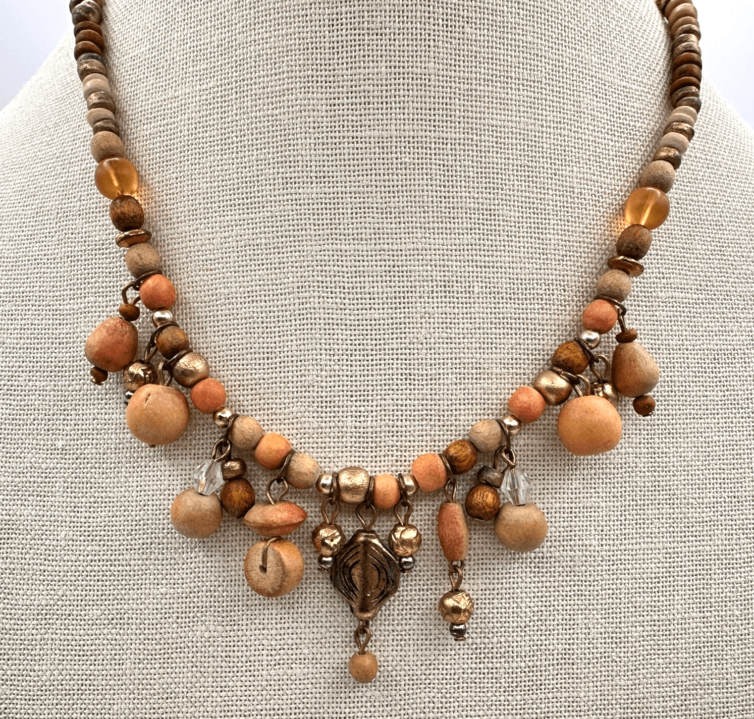 Vintage 70s Boho Colors Wood Shell Bead Dangle Choker Necklace Statement Jewelry - Image 1