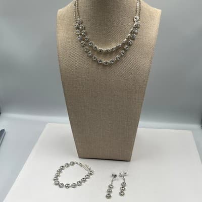 VTG Rhinestone Set: Double Layer Necklace, 3-Drop Earring, Link Bracelet Classic - Thumbnail 9