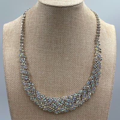 Vintage Anne Klein Aurora Borealis Crystal Necklace & Earring Silver Tone AK 3pc - Image 1