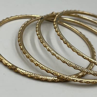 5 Vintage Gold Tone Stacking Bangle Bracelets Set Diamond Cut Boho Jewelry Lot - Thumbnail 2