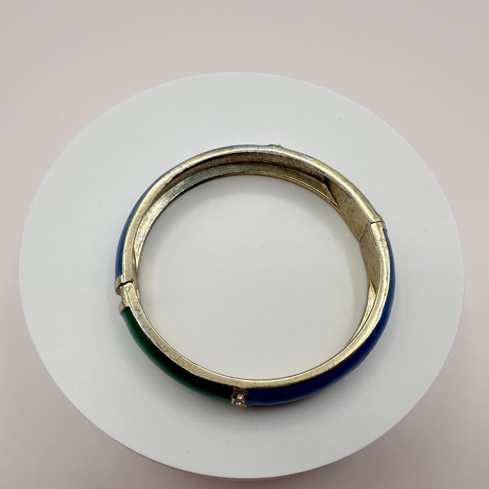 Vintage 90s Blue Green Enamel Bangle Bracelet Silver Tone Hinged Crystal Jewelry - Thumbnail 6