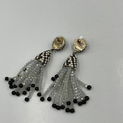 Lot Of 2 Vintage Boho Black White Beaded Tassel Earrings Rhinestone Drop Dangle - Thumbnail 3