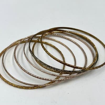 Vintage Boho Bangle Bracelet Set 7pc Textured Hammered Etched Rose Gold Tone - Image 1