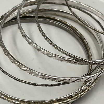8 Vintage Silver Tone Stacking Bangle Bracelets Set Diamond Cut Texture Boho Lot - Thumbnail 2