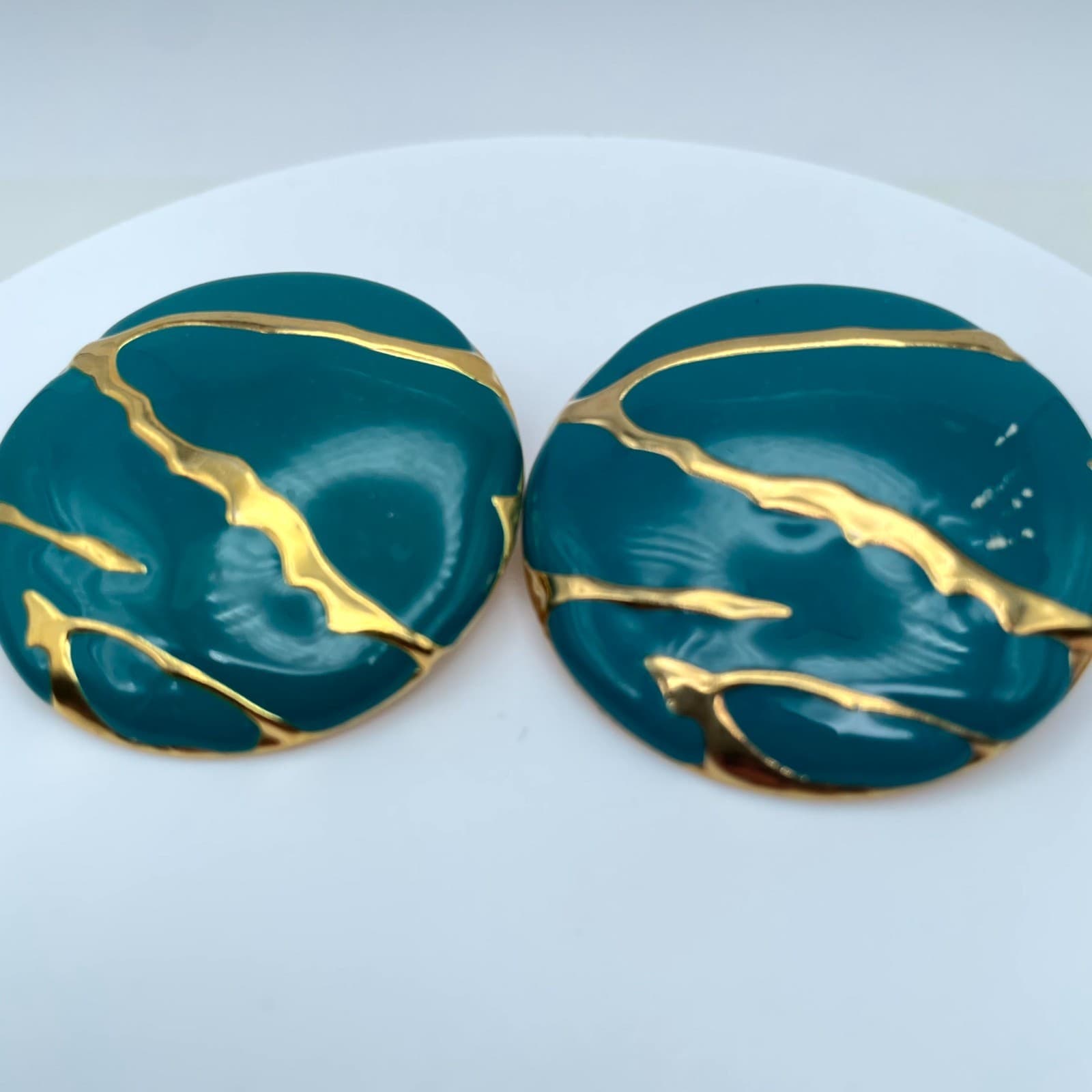 Pair of 2 Pierced Button Forest Teal Blue Enamel Gold Tone Stud Earrings - Thumbnail 3