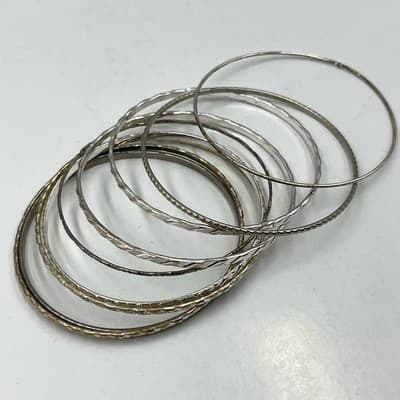 8 Vintage Silver Tone Stacking Bangle Bracelets Set Diamond Cut Texture Boho Lot - Image 1