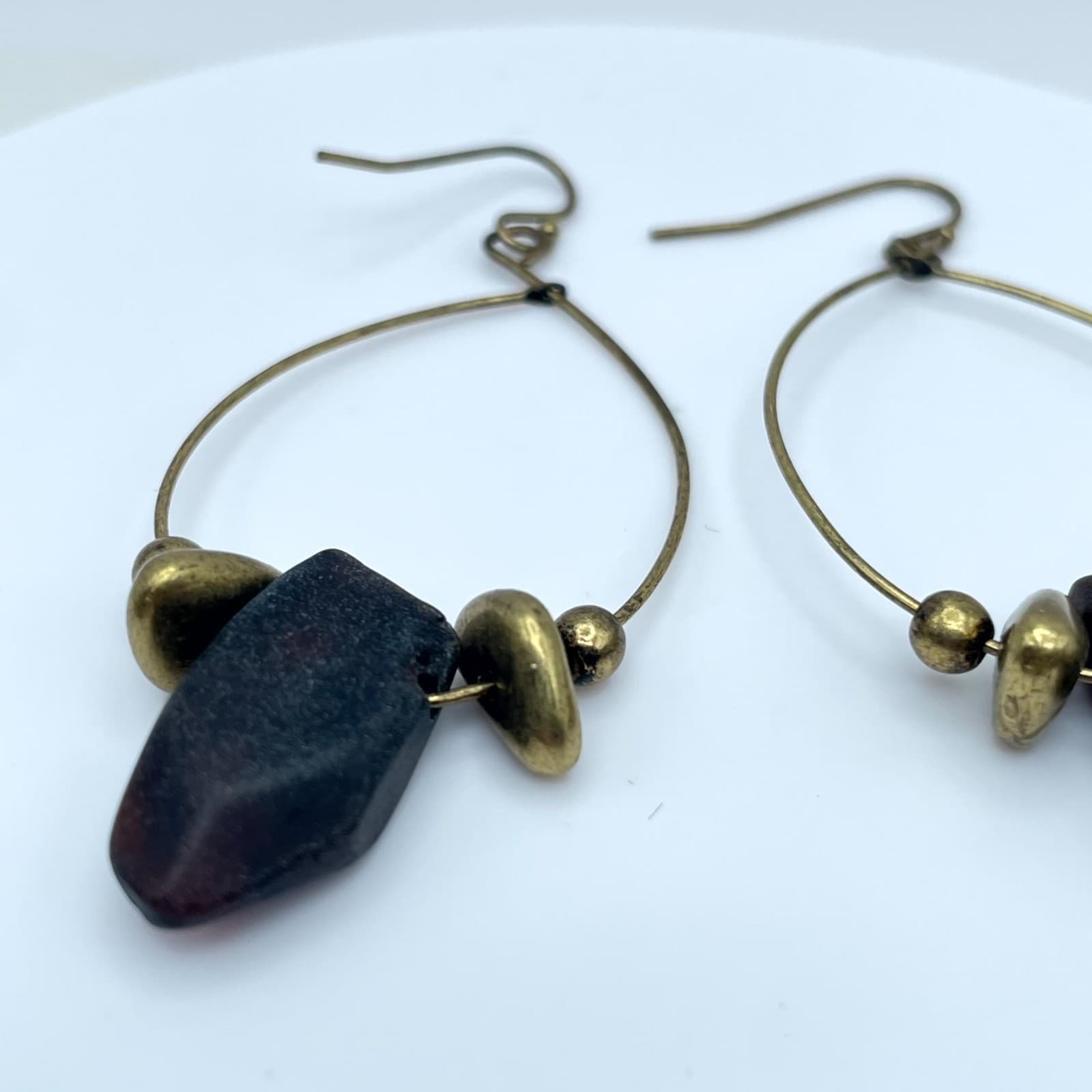 Handmade Brass Teardrop Hoop Earrings Raw Dark Purple Stone Boho Artisan Jewelry - Thumbnail 3