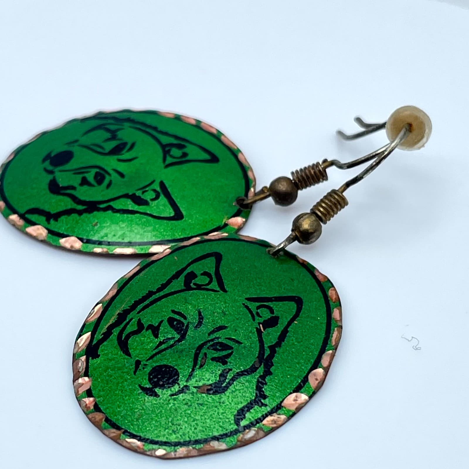 Vintage Copper Wolf Head Earrings Hand Painted Green Enamel Boho Animal Jewelry - Thumbnail 5