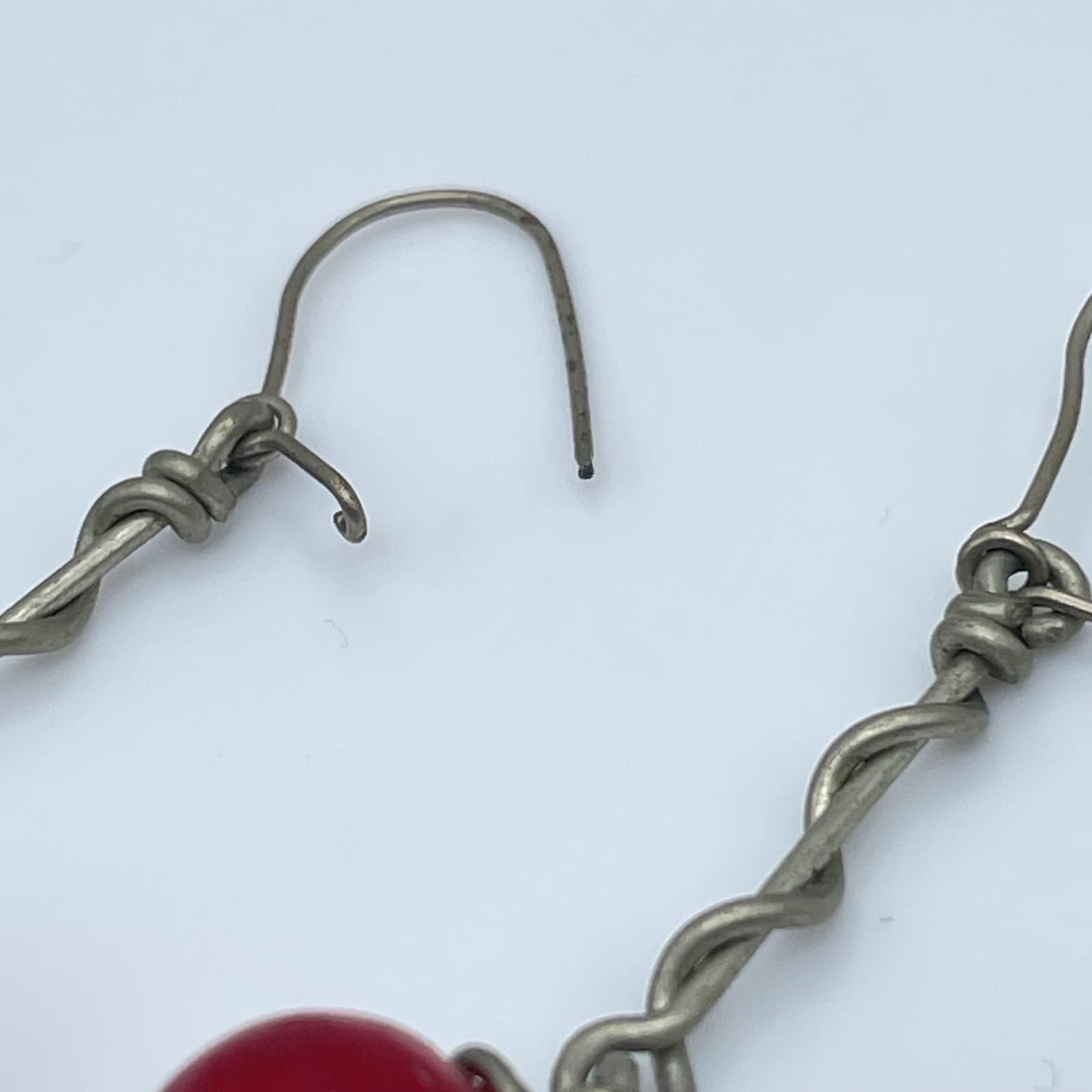 Vintage Handmade Carnelian Red Bead Wire Wrapped Dangle Drop Earrings Boho - Thumbnail 3