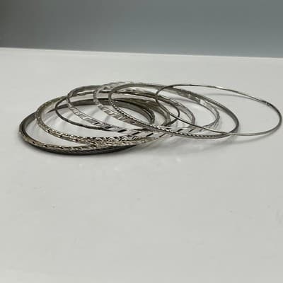 8 Vintage Silver Tone Stacking Bangle Bracelets Set Diamond Cut Texture Boho Lot - Thumbnail 4