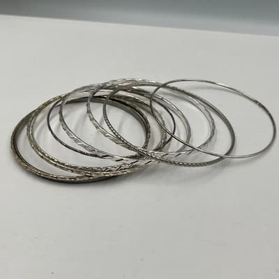 8 Vintage Silver Tone Stacking Bangle Bracelets Set Diamond Cut Texture Boho Lot - Thumbnail 3