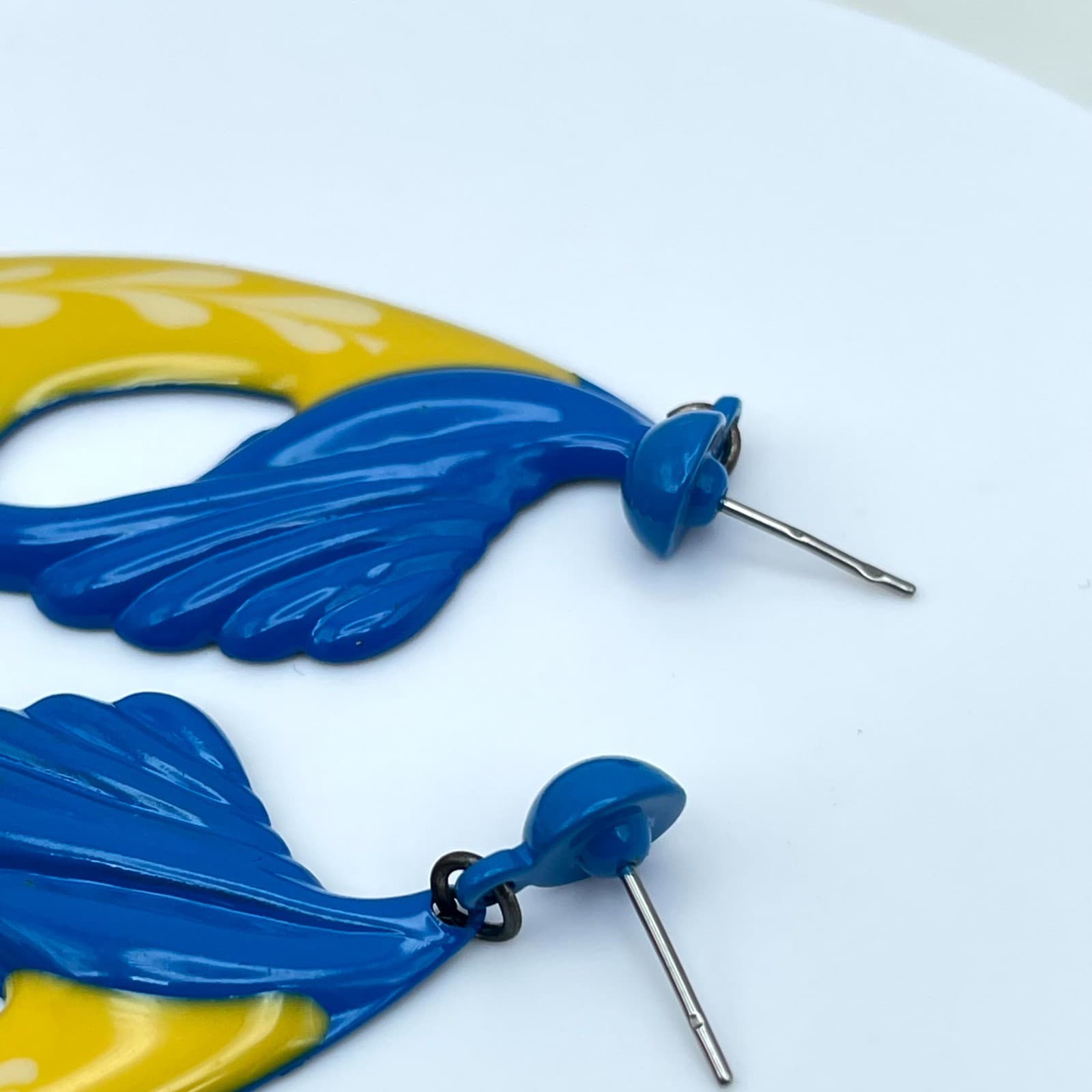Vintage Blue Yellow Enamel Dangle Drop Earrings Abstract Art Deco Style - Thumbnail 7