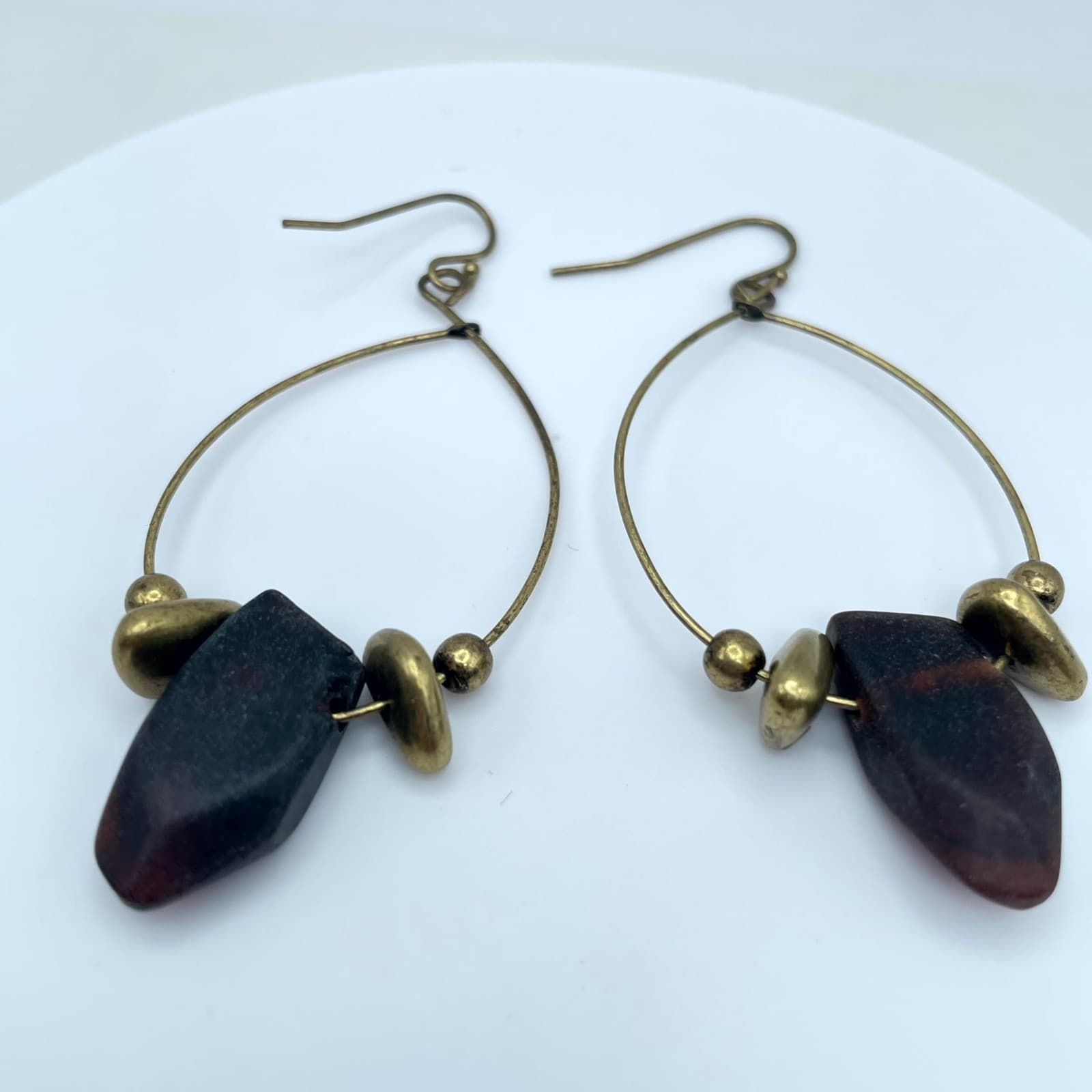 Handmade Brass Teardrop Hoop Earrings Raw Dark Purple Stone Boho Artisan Jewelry - Thumbnail 2