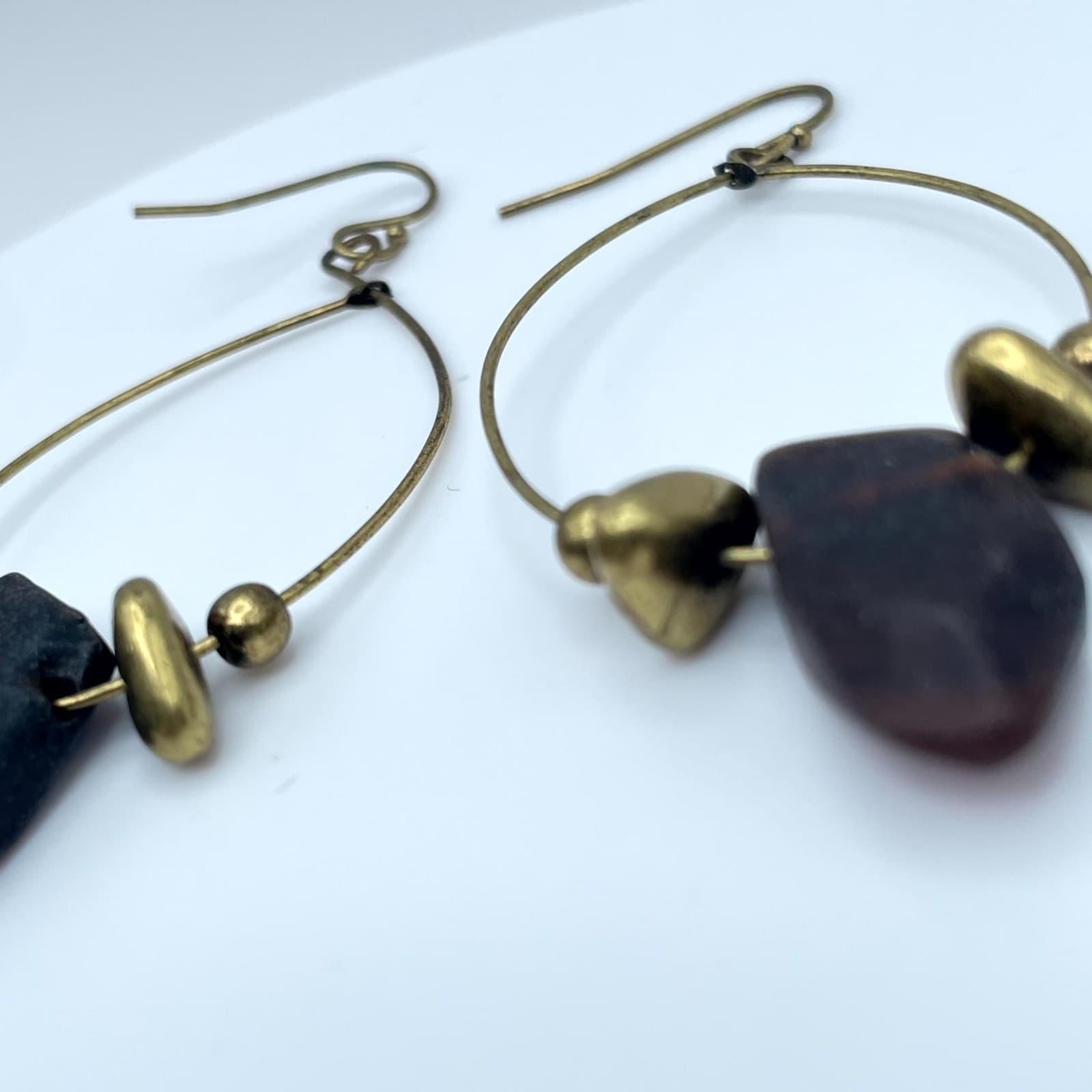Handmade Brass Teardrop Hoop Earrings Raw Dark Purple Stone Boho Artisan Jewelry - Thumbnail 4