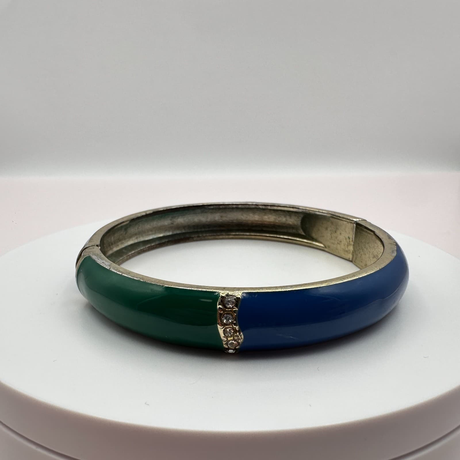 Vintage 90s Blue Green Enamel Bangle Bracelet Silver Tone Hinged Crystal Jewelry - Thumbnail 7