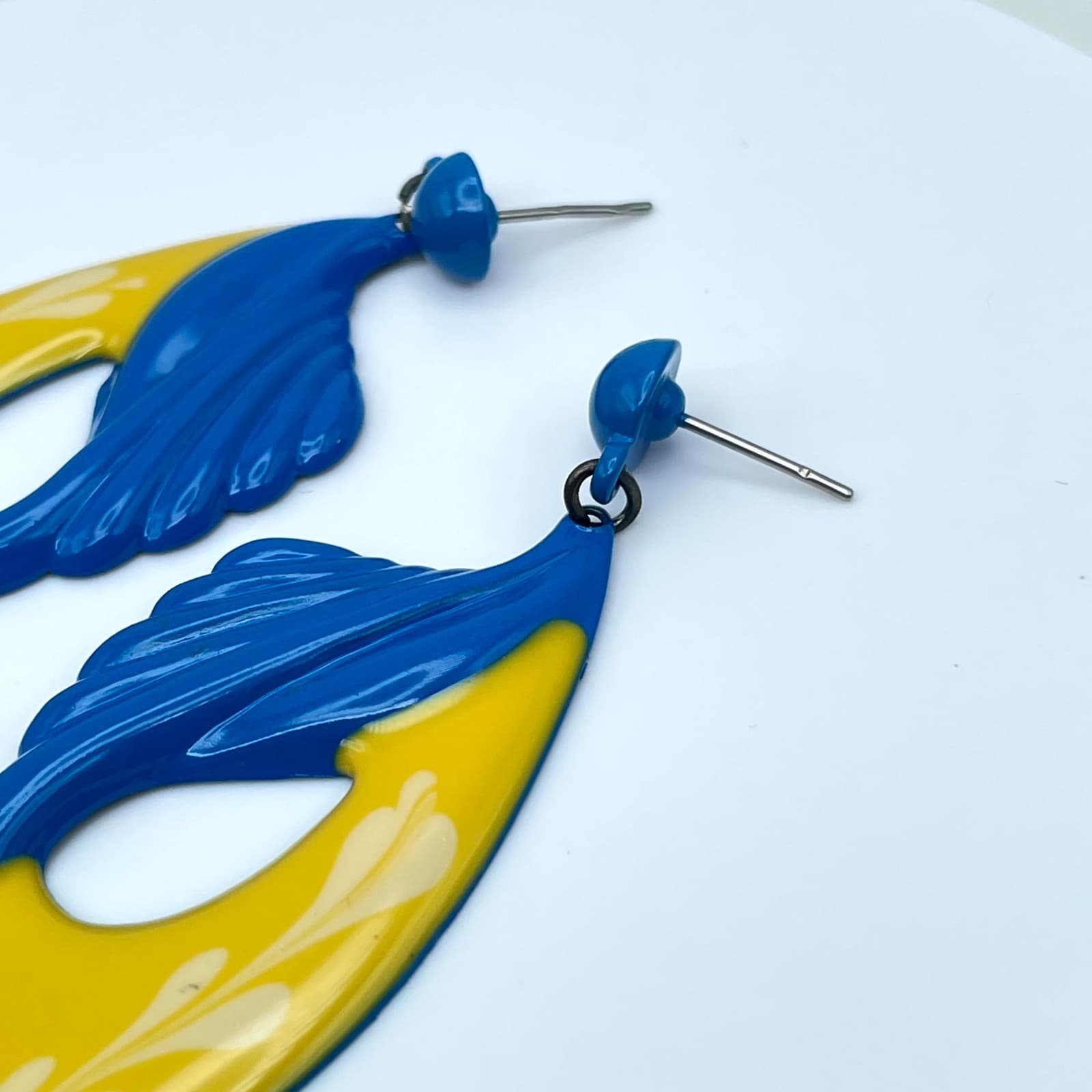 Vintage Blue Yellow Enamel Dangle Drop Earrings Abstract Art Deco Style - Thumbnail 6