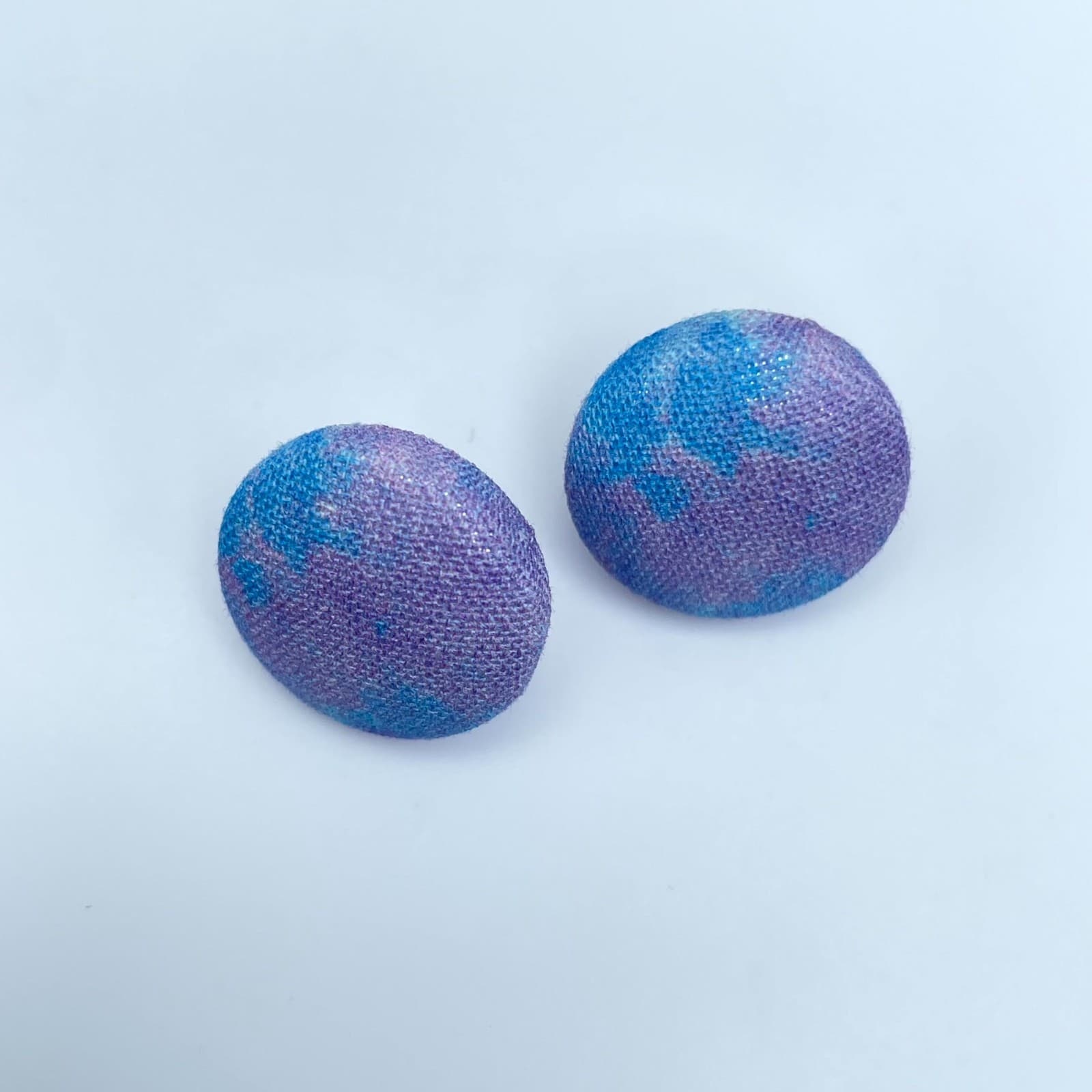 Vintage Blue Purple Tie Dye Fabric Covered Round Button Studs Earrings - Thumbnail 4