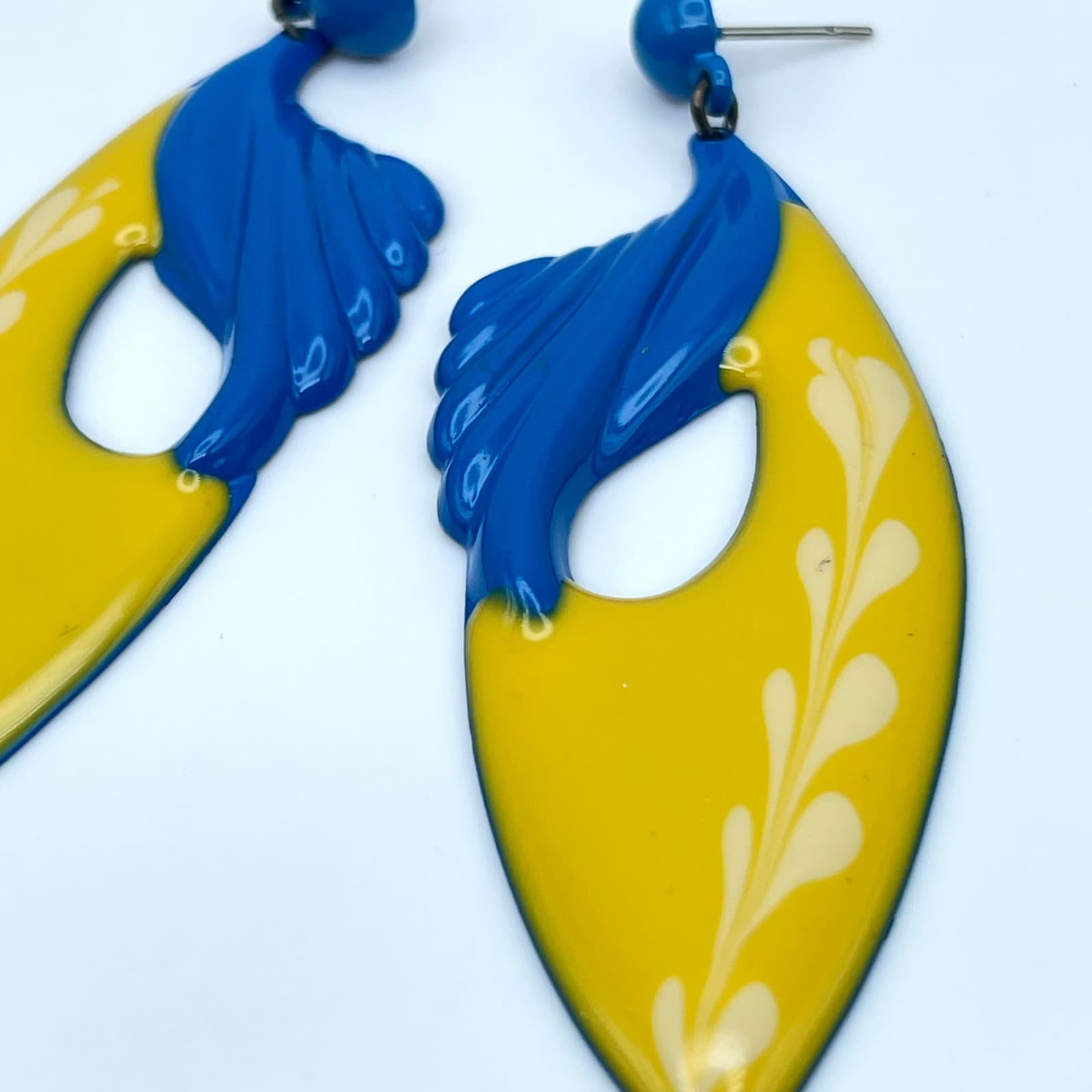 Vintage Blue Yellow Enamel Dangle Drop Earrings Abstract Art Deco Style - Thumbnail 5