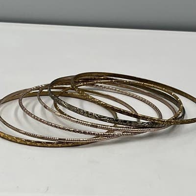 Vintage Boho Bangle Bracelet Set 7pc Textured Hammered Etched Rose Gold Tone - Thumbnail 3