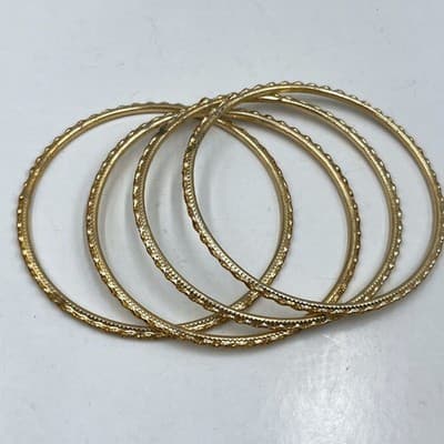 5 Vintage Gold Tone Stacking Bangle Bracelets Set Diamond Cut Boho Jewelry Lot - Image 1
