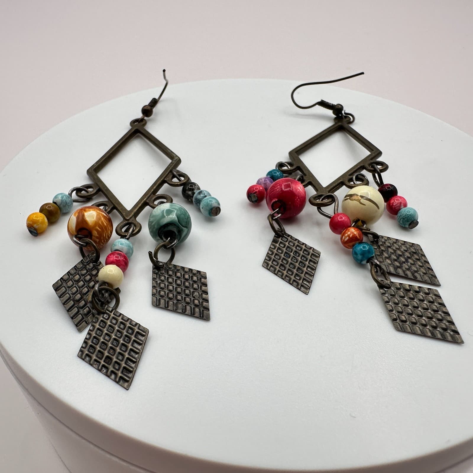 Vintage 80s Bohemian Dangle Earrings Beaded Drop Geometric Brown Metal Jewelry - Thumbnail 3