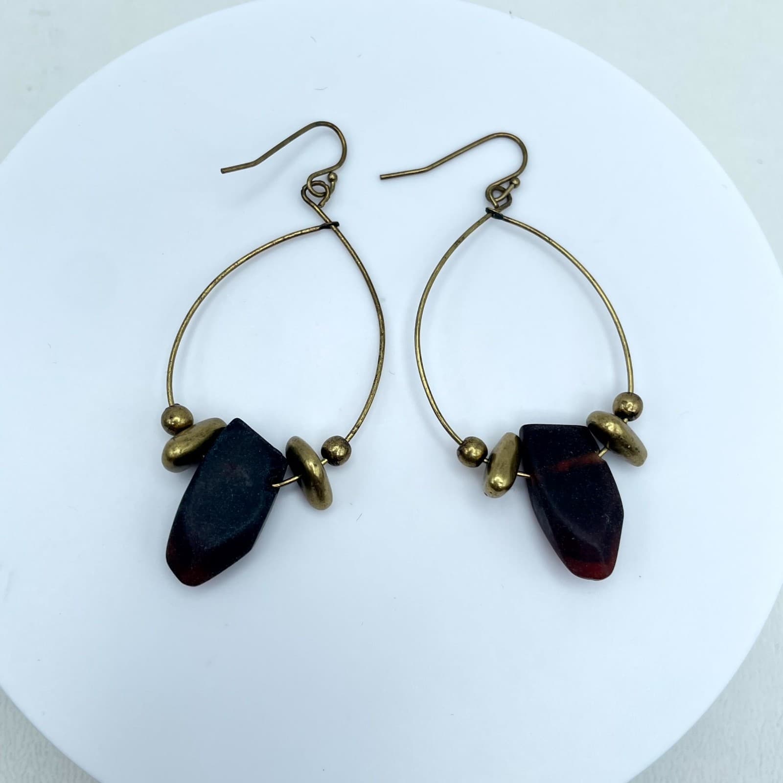 Handmade Brass Teardrop Hoop Earrings Raw Dark Purple Stone Boho Artisan Jewelry - Image 1