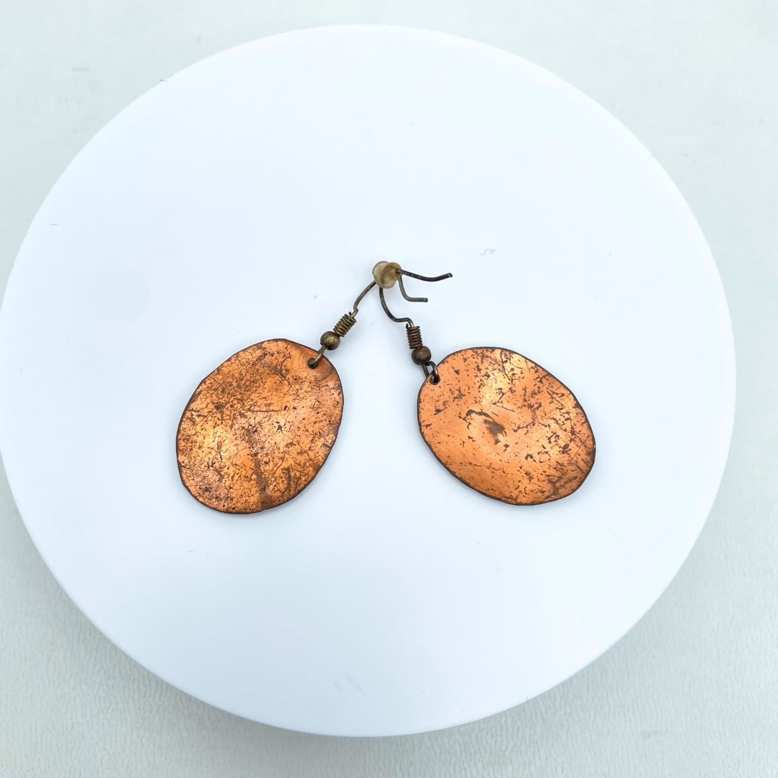 Vintage Copper Wolf Head Earrings Hand Painted Green Enamel Boho Animal Jewelry - Thumbnail 2