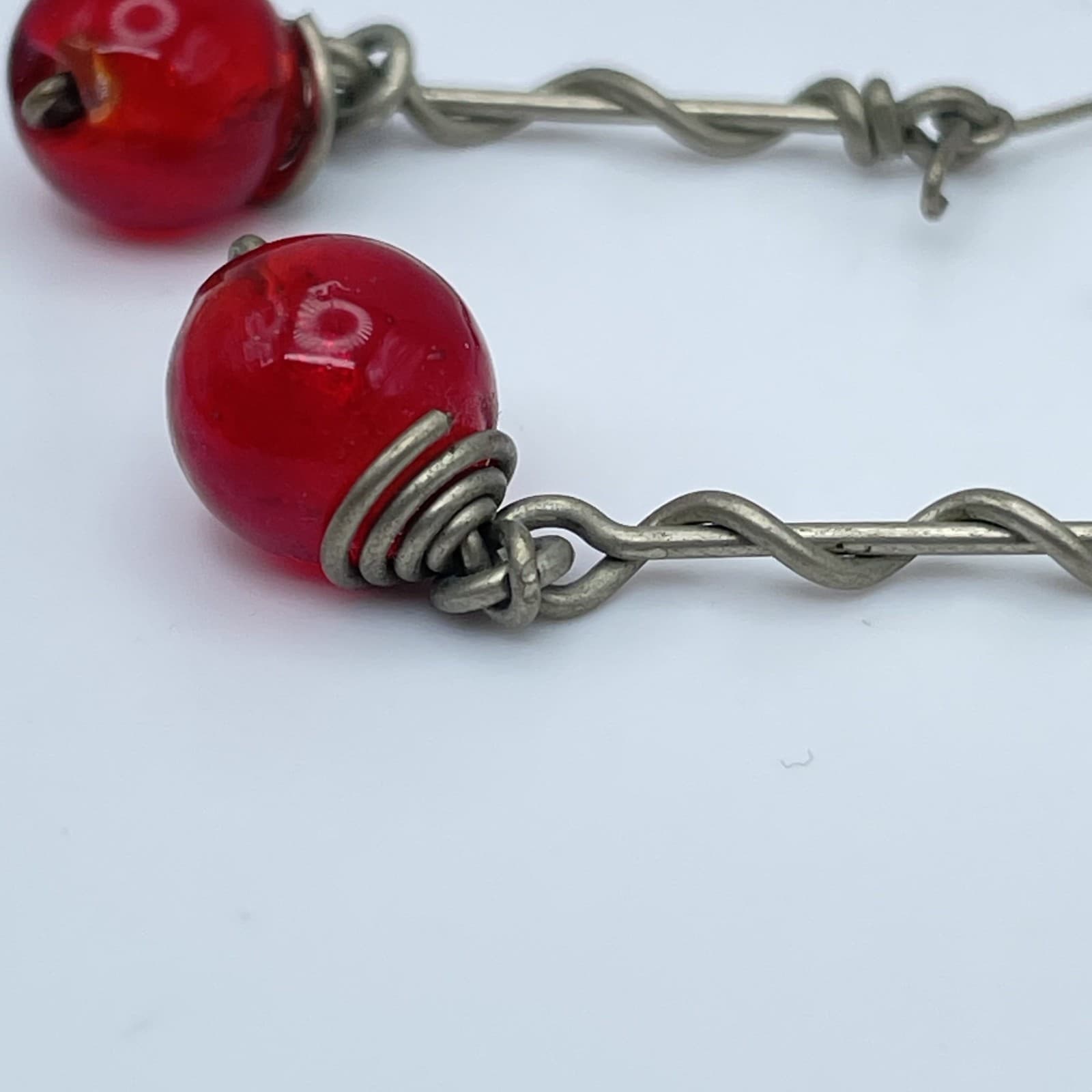 Vintage Handmade Carnelian Red Bead Wire Wrapped Dangle Drop Earrings Boho - Thumbnail 5