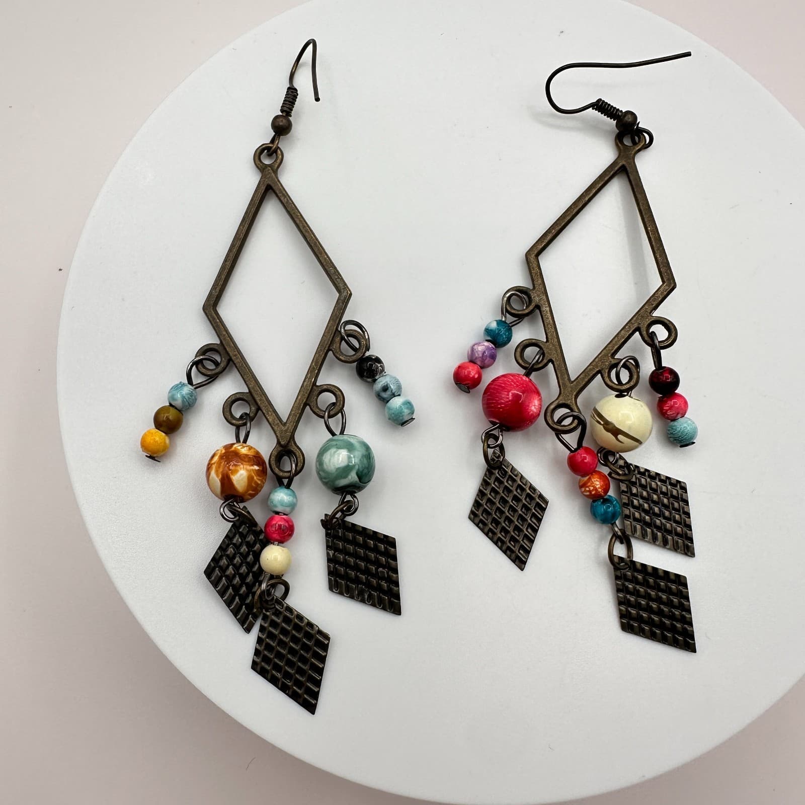 Vintage 80s Bohemian Dangle Earrings Beaded Drop Geometric Brown Metal Jewelry - Thumbnail 2