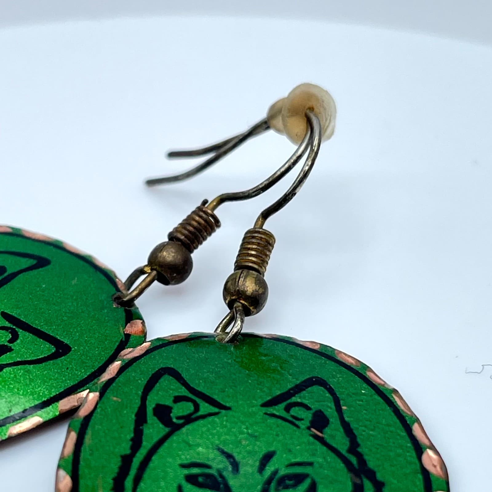 Vintage Copper Wolf Head Earrings Hand Painted Green Enamel Boho Animal Jewelry - Thumbnail 4