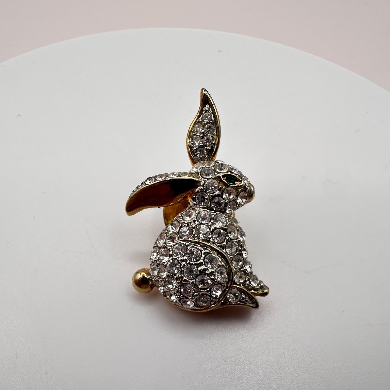 Vintage 80s Rhinestone Rabbit Bunny Brooch Pin Gold Tone Clear Crystals Jewelry - Thumbnail 2
