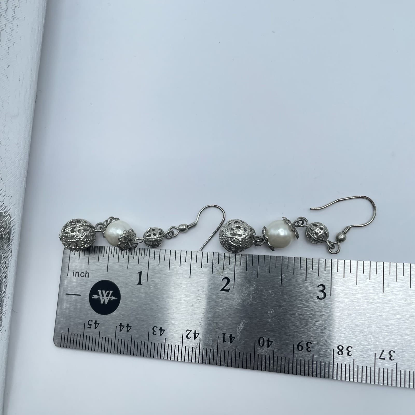Vintage Silver Tone Filigree White Faux Pearl Bead Boho Dangle Drop Earrings - Thumbnail 7