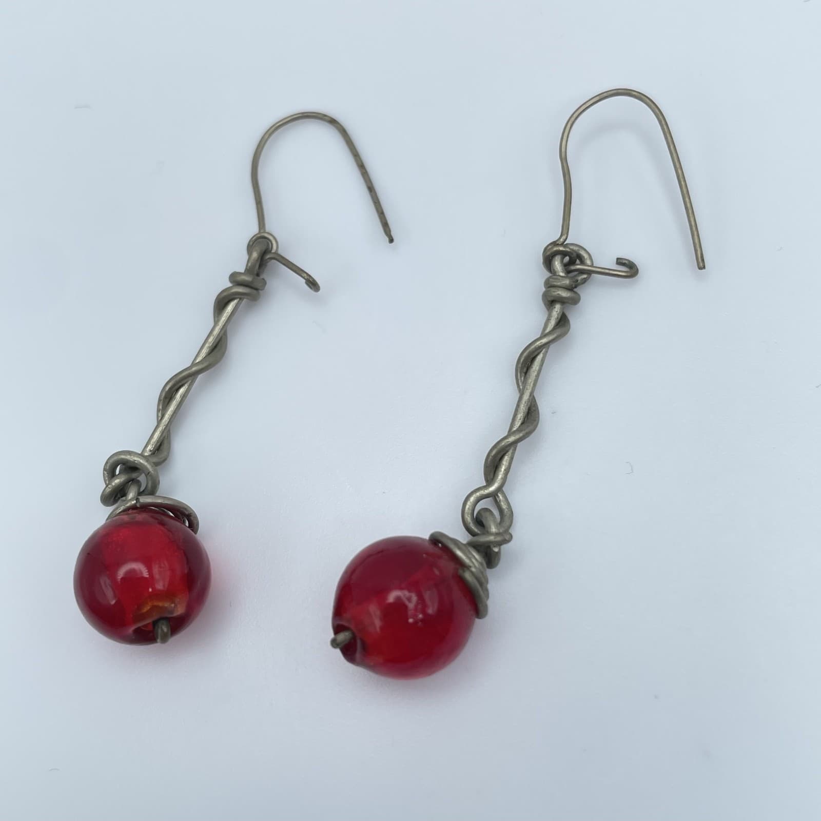 Vintage Handmade Carnelian Red Bead Wire Wrapped Dangle Drop Earrings Boho - Image 1